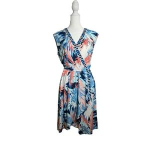 BCBG MAXAZRIA Carmelle Blue, Pink, and Orange Patterned Faux Wrap Dress Size S.